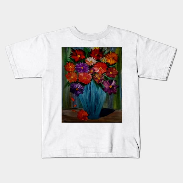 lovely color combination in this bouquet of flowers in a metallic deep torques blue vase Kids T-Shirt by kkartwork